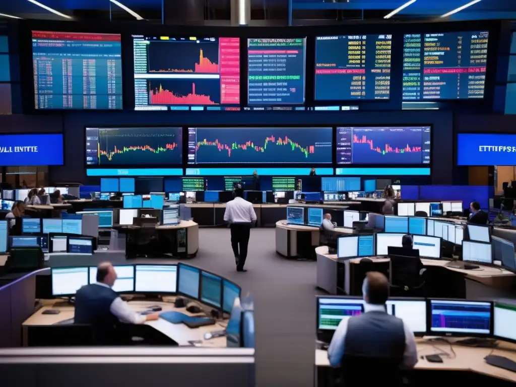 Trading floor: actividad financiera y traders en acción Traders en piso financiero con monitores y discusiones intensas