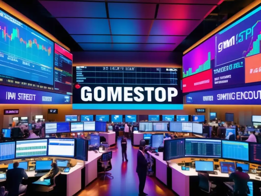 Traders futuristas en Wall Street con GameStop Traders de GameStop en piso de Wall Street: lecciones de inversiones (110 caracteres)