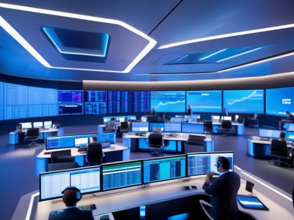 Trading floor: actividad y sofisticación Traders en piso moderno con monitores actualizados, ganancias, algoritmos y sofisticación
