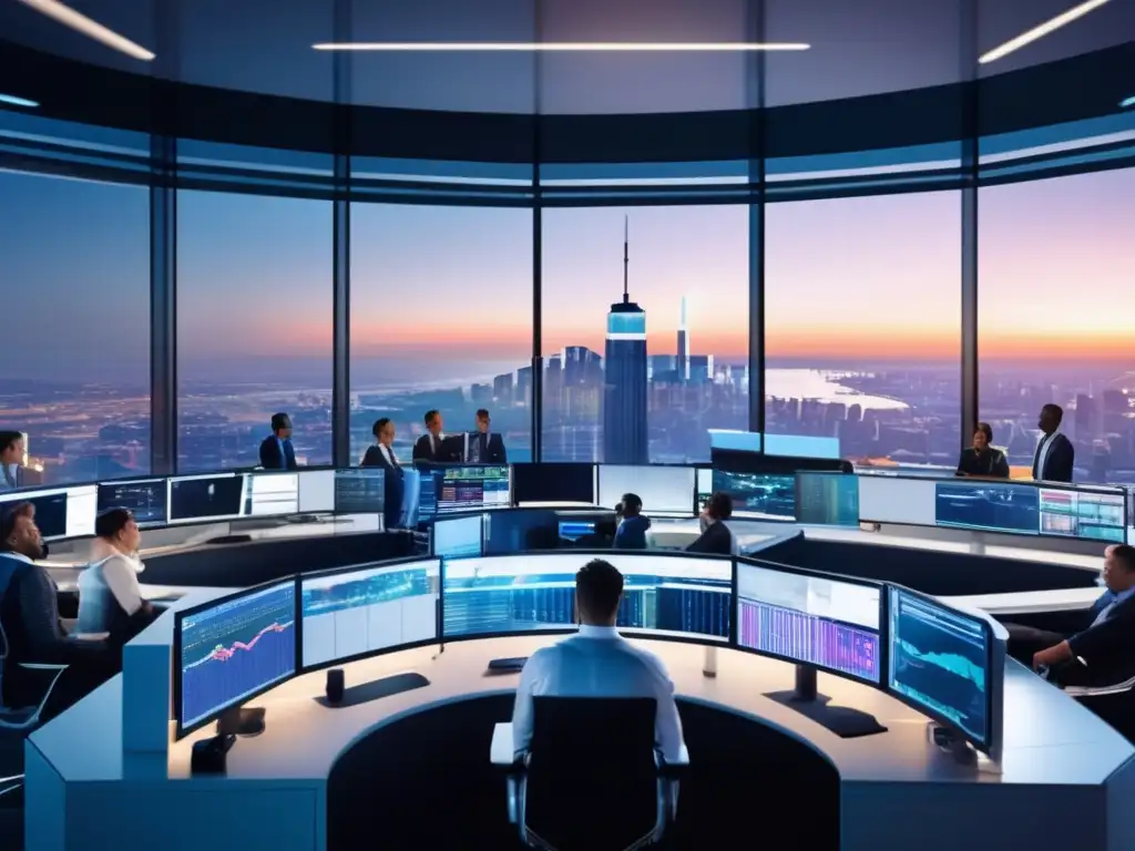Sala de trading moderna con traders y pantallas Traders en un piso moderno de trading con vista panorámica, monitores múltiples y ambiente vibrante - Estrategias de negociación de opciones
