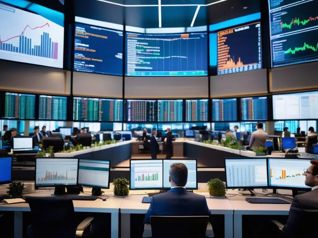 Traders analizando gráficos y discutiendo Traders en piso de operaciones, discutiendo y analizando gráficos y datos