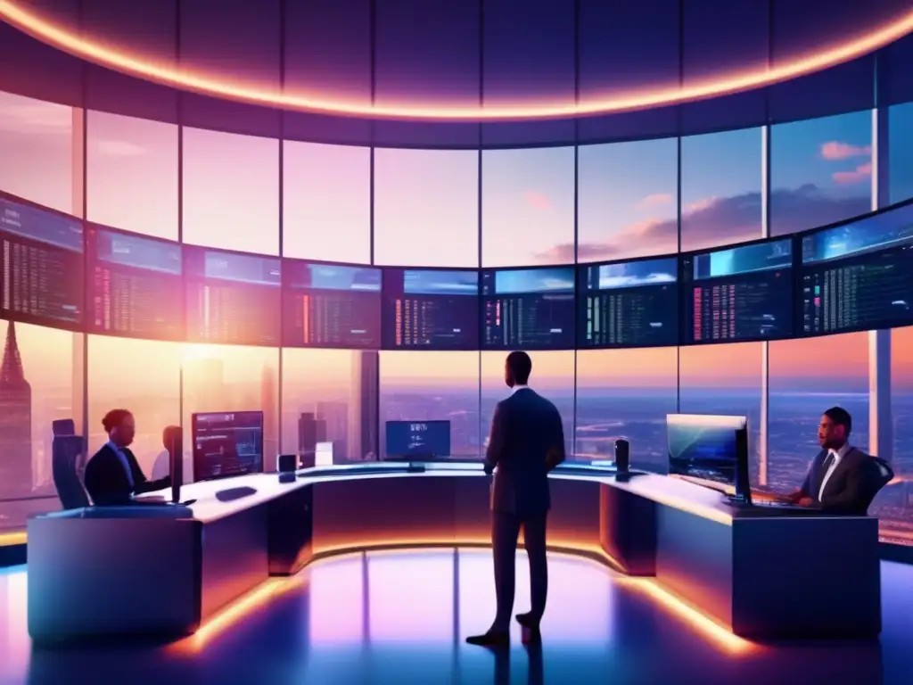 Futuro trading floor: tecnología y finanzas Traders en piso de operaciones con tecnología avanzada en institución financiera moderna, ciudad al atardecer