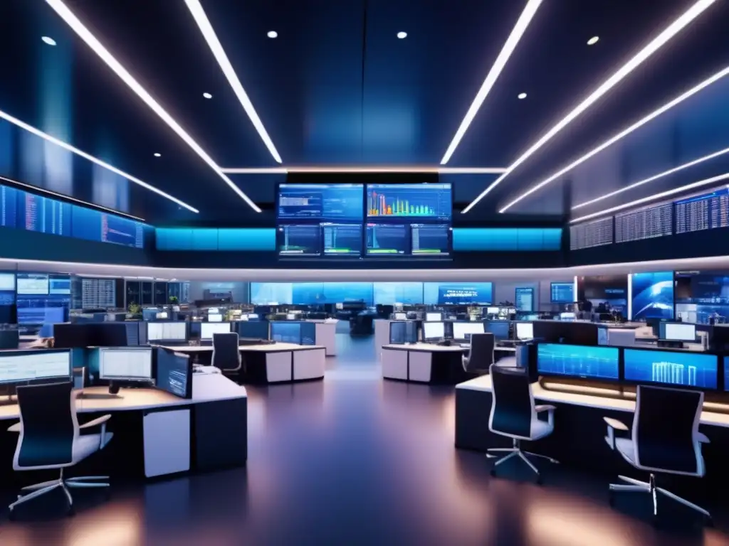 Trading floor moderno y sofisticado Traders en piso de operaciones con tecnología avanzada y diseño contemporáneo