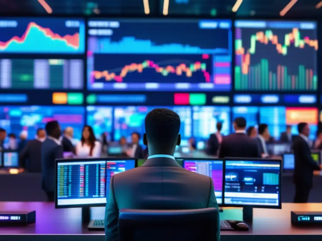 Traders en un piso de operaciones Forex Traders en piso de operaciones ultramoderno, rodeados de pantallas digitales y gráficos, reflejando la naturaleza avanzada del mercado Forex