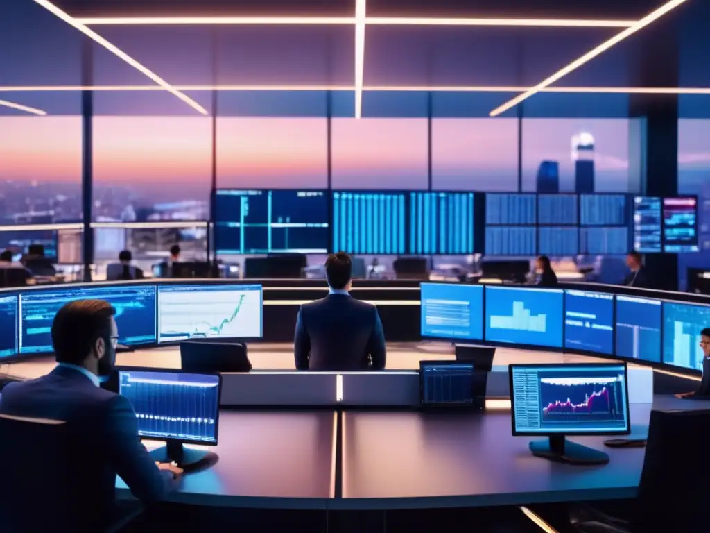Trading floor con tecnología avanzada y traders analizando datos Traders en el piso de trading de alta tecnología de E*TRADE y TD Ameritrade, con gráficos en tiempo real y un ambiente profesional y sofisticado