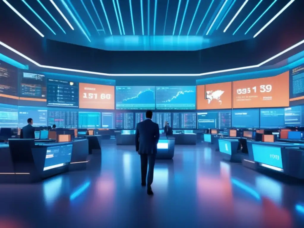 Futuro trading floor con tecnología avanzada Traders en un piso de trading futurista con pantallas iluminadas mostrando datos de mercado en tiempo real