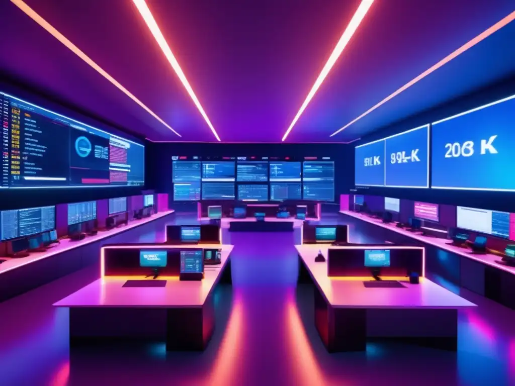 Trading floor futurista con traders enfocados en su trabajo Traders en piso de trading innovador y futurista con monitores de última generación y tecnología avanzada, analizando datos en tiempo real