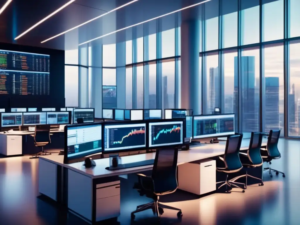 Piso de trading financiero moderno - Traders trabajando en un piso de trading moderno con monitores y datos en tiempo real