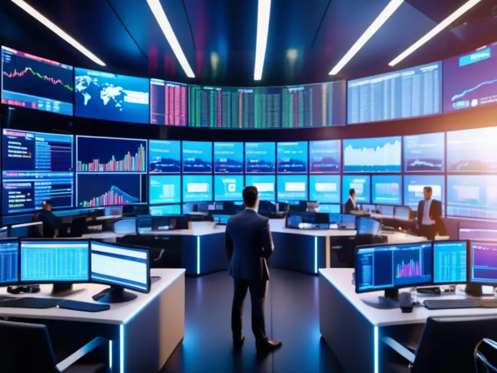 Trading floor ultradetallado en 8k Traders en piso de trading moderno, con tecnología avanzada y análisis técnico en bolsa