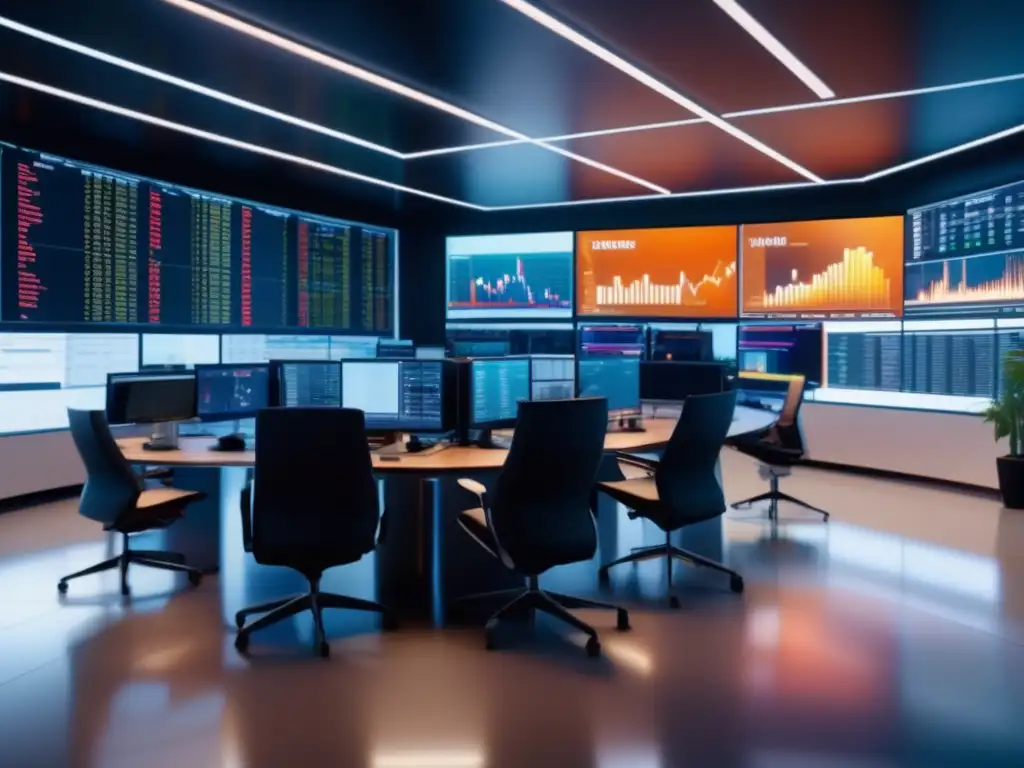 Moderna sala de trading con traders analizando datos en tiempo real Traders en piso de trading moderno, analizando datos de mercado y tomando decisiones estratégicas