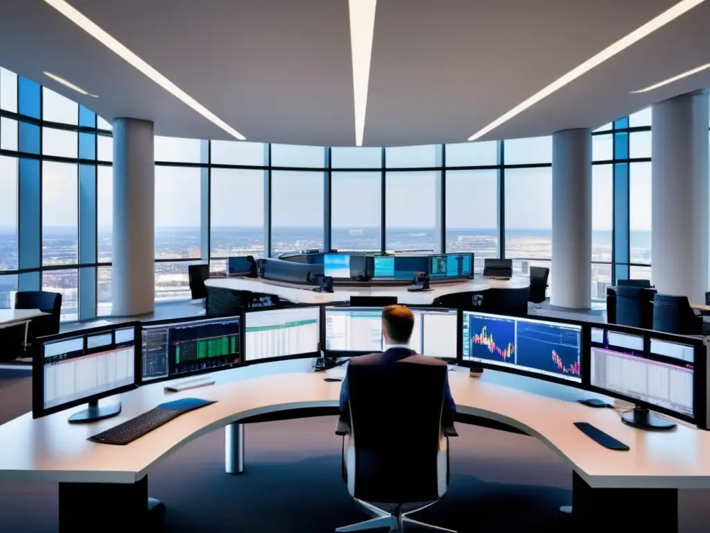Piso de trading moderno y profesional Traders en piso de trading moderno realizando estrategias de inversión en bolsa