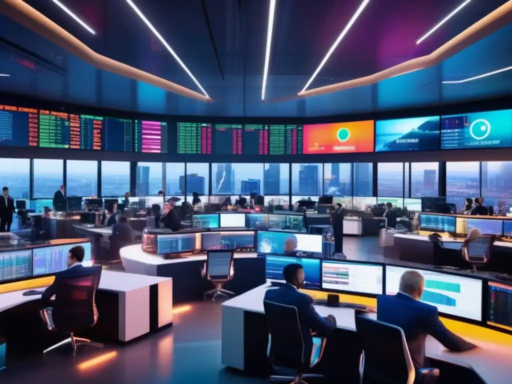 Traders en piso bursátil Traders en el piso de trading, pantalla de datos del mercado, ciudad skyline