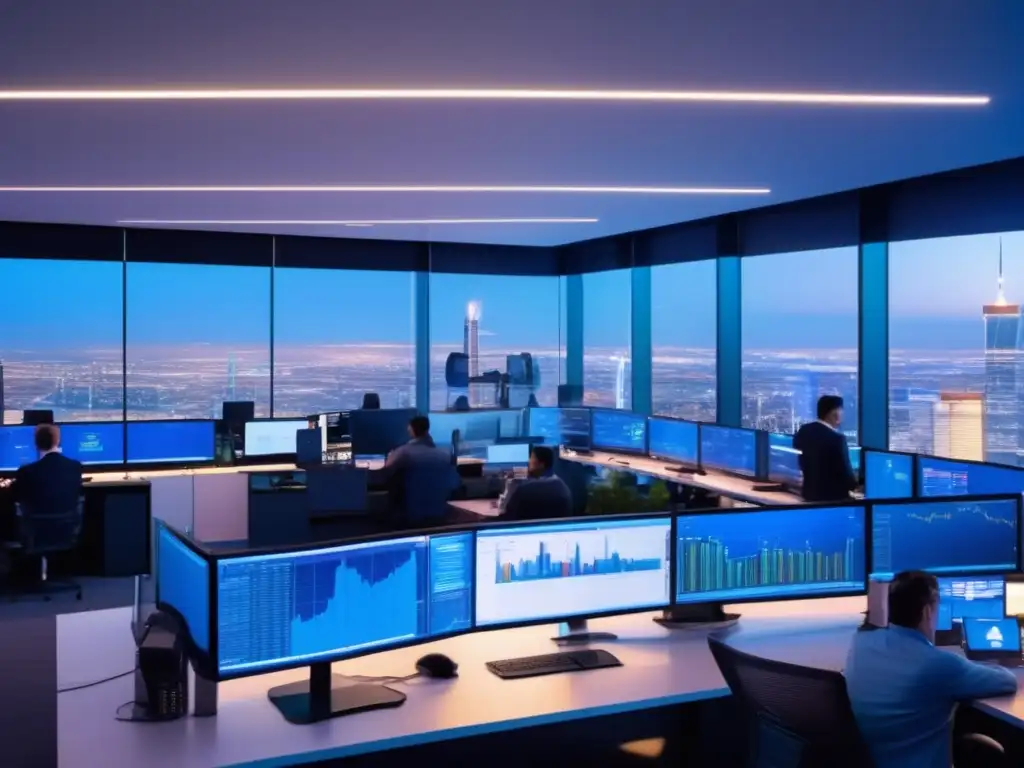 Traders profesionales en piso de trading Traders profesionales en criptotrading, ambiente sereno y skyline urbano: Psicología del Trading en Criptomonedas