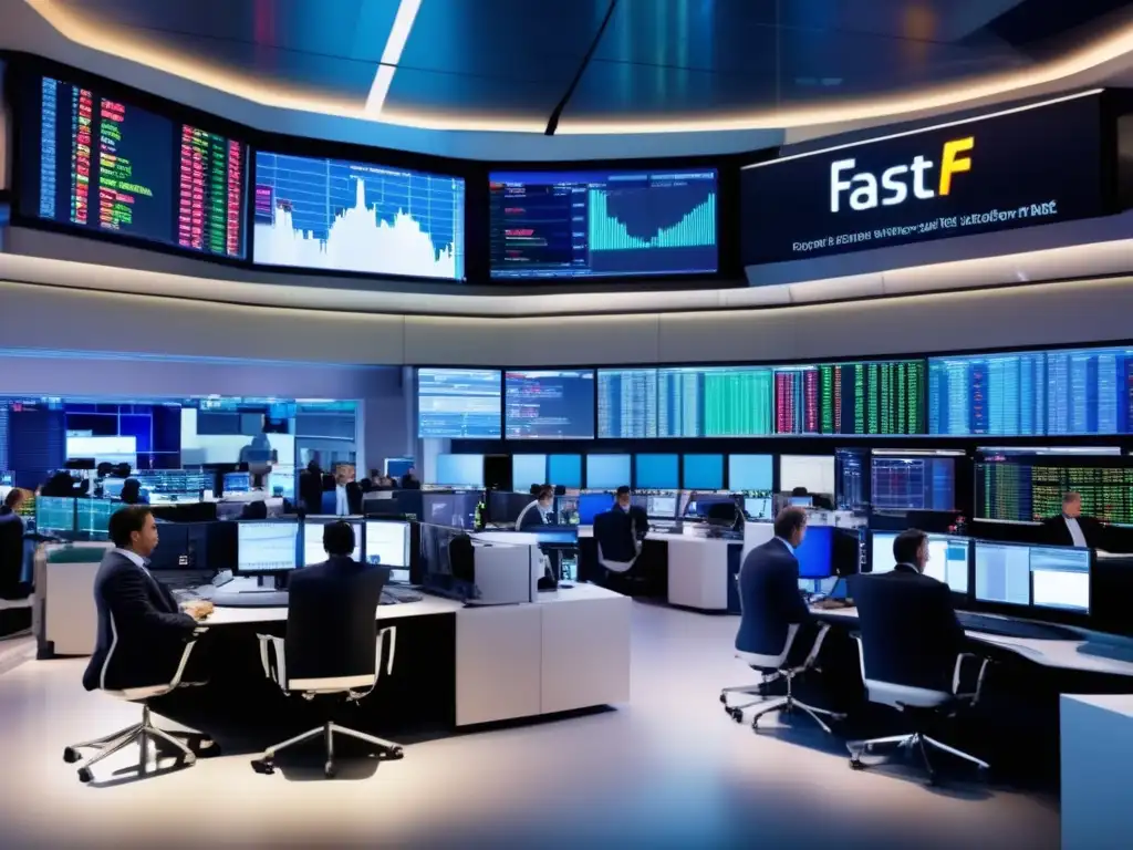 Trading floor moderno y dinámico Traders profesionales monitorean mercado volátil en moderna sala de trading con tecnología avanzada