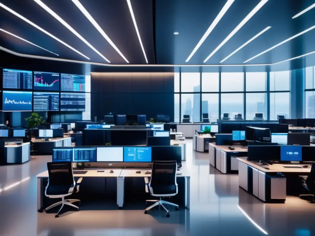 Trading floor moderno y dinámico Traders profesionales en moderna sala de trading, analizando datos en tiempo real