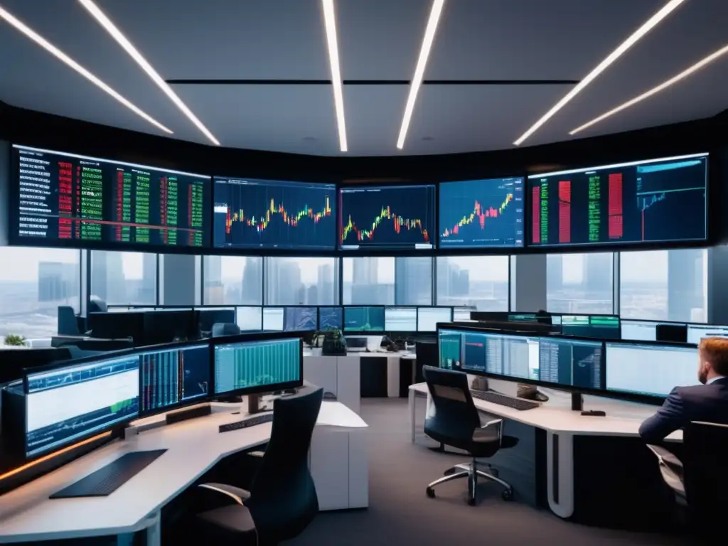 Traders en moderna sala de trading Traders profesionales en moderno piso de negociación, con monitores mostrando gráficos en tiempo real