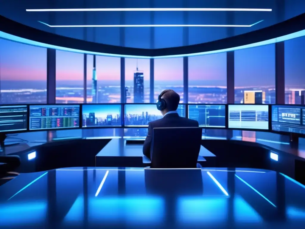 Futuro piso de trading iluminado en azul con vista a la ciudad Traders profesionales en una sala futurista, con ETFs de materias primas y una vista panorámica de la ciudad