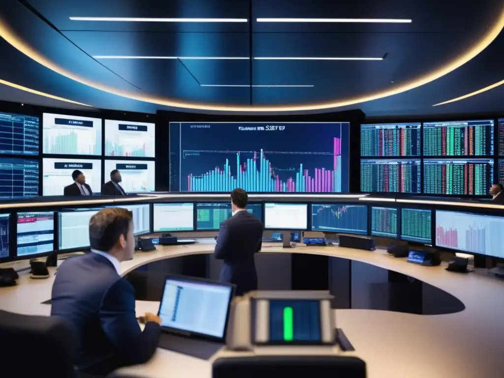 Traders en moderna sala de trading con tecnología avanzada Traders en sala algorítmica: tecnología, finanzas y decisiones rápidas