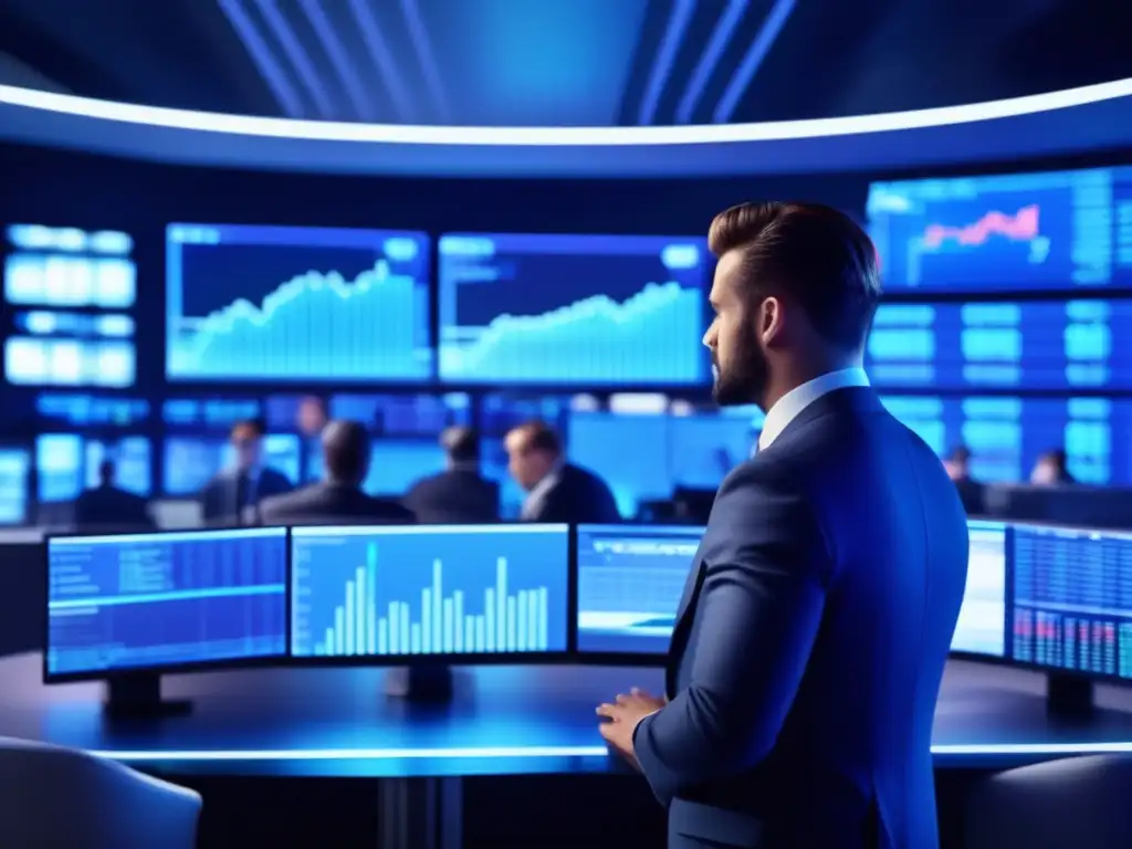 Traders analizando datos en moderno piso de trading Traders en sala de operaciones analizando datos de mercado en tiempo real