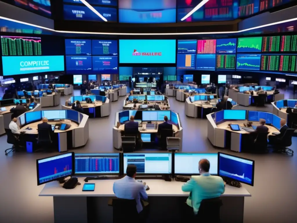 Trading floor con traders y tecnología Traders en una sala de operaciones de commodities, discutiendo y tomando decisiones, muestra el potencial de invertir en materias primas