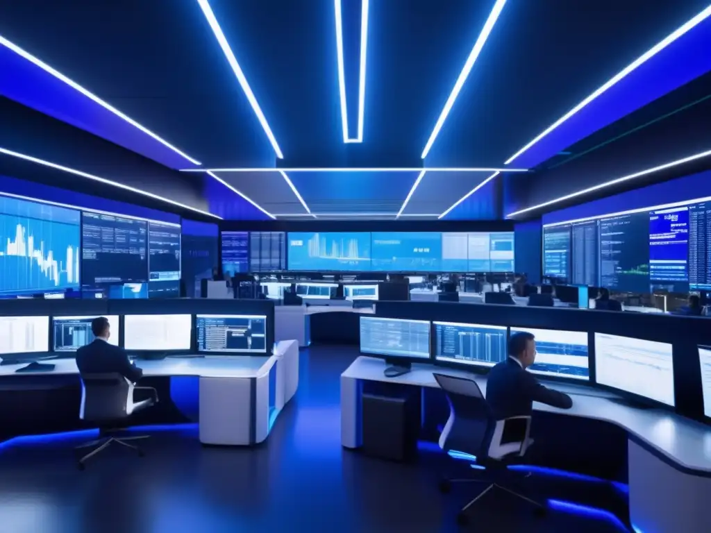 Traders analizando datos en piso financiero futurista Traders en sala de operaciones futurista, analizando datos de mercado en pantallas