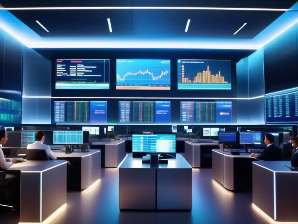 Trading floor de una institución financiera moderna Traders en sala de operaciones de una institución financiera moderna, con monitores de alta tecnología y ambiente sofisticado