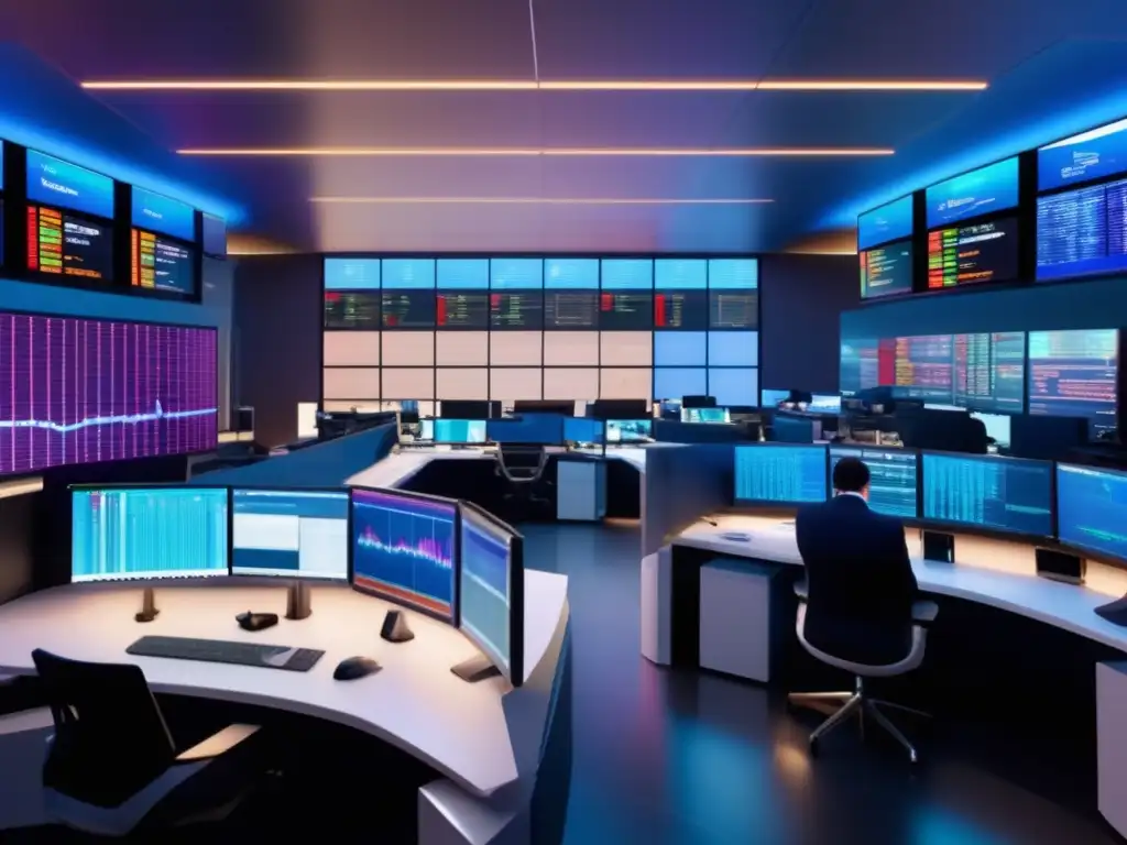 Trading floor moderno y sofisticado Traders en sala de operaciones moderna con monitores de mercado en tiempo real y vista panorámica de la ciudad
