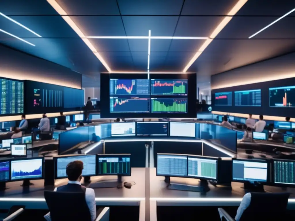 Traders profesionales en una sala de operaciones moderna Traders en sala de operaciones con monitores de última generación y estrategias para day traders