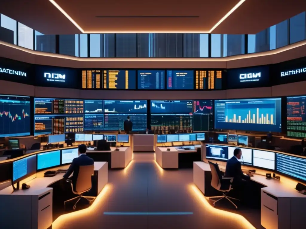 Piso de operaciones de commodities Bolsa commodities: Traders en sala de operaciones, tecnología avanzada, indicadores clave inversión acciones materias primas