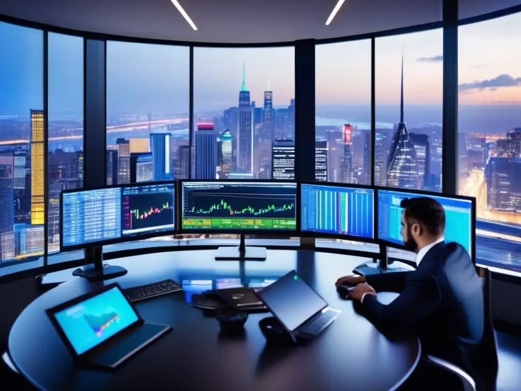 Traders analizando datos en sala de trading Traders en sala de operaciones con vista a la ciudad, analizando datos y ajustando estrategias