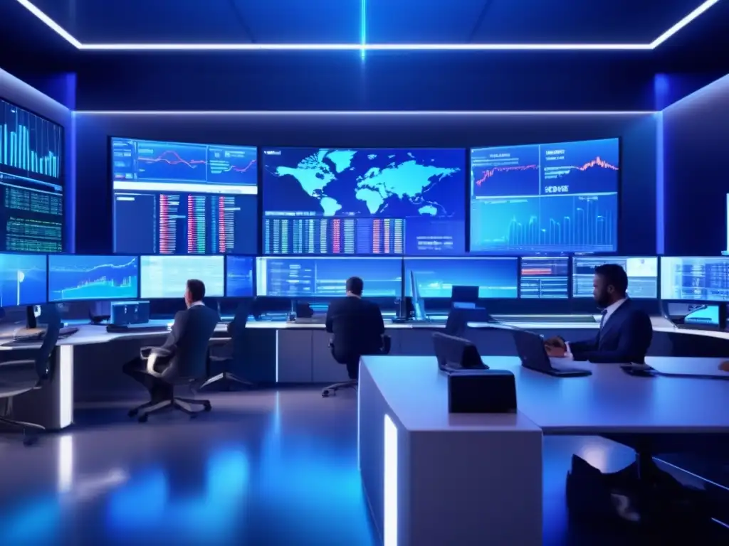 Traders en sala de operaciones avanzada Traders en sala de trading de alta tecnología con monitores mostrando datos de mercado en tiempo real, ejecutando operaciones