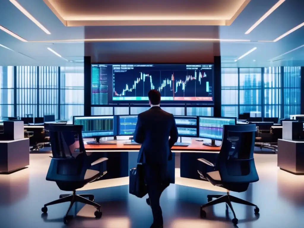 Trading room moderno y sofisticado Traders en sala de trading moderna, analizando datos en tiempo real y haciendo operaciones
