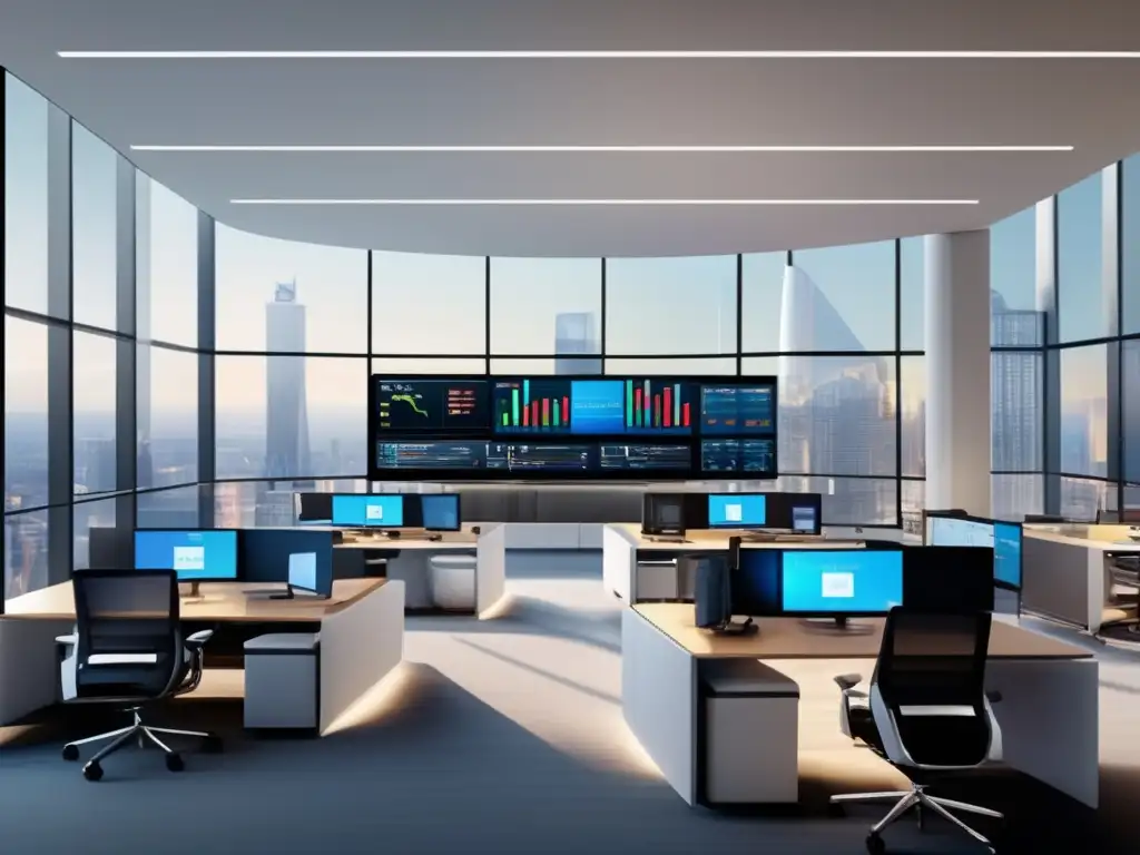 Trading floor moderno y elegante con tecnología avanzada Traders en sala de trading moderna y elegante, con tecnología y monitores, reflejando datos y gráficos en tiempo real