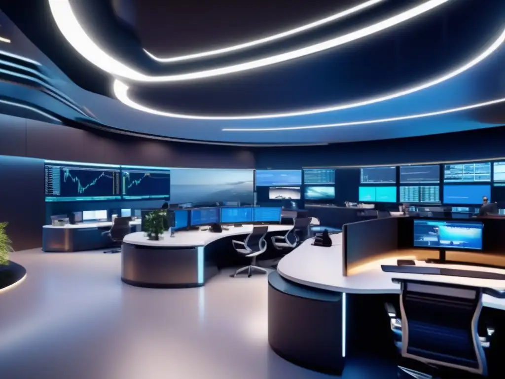 Trading floor con diseño futurista y tecnología AI Traders en sala trading con IA, pantallas curvas, estaciones de trabajo y diseño futurista