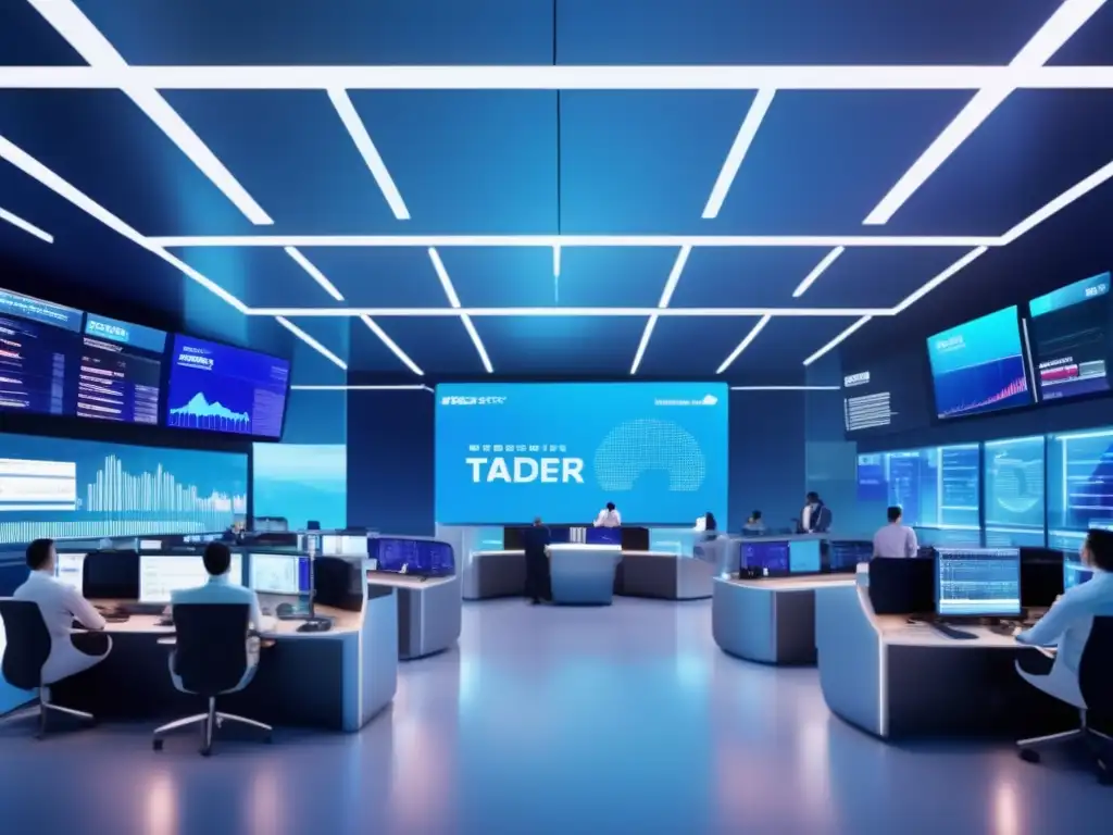 Traders en un piso financiero futurista Traders analizan señales en mercado derivados, maximizando ganancias