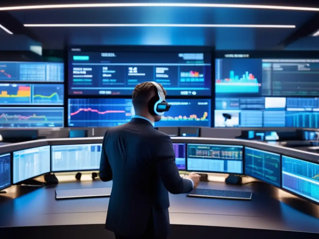 Trading floor futurista con tecnología avanzada Traders usando tecnología avanzada en una sala de trading futurista con pantallas, gráficos y estadísticas