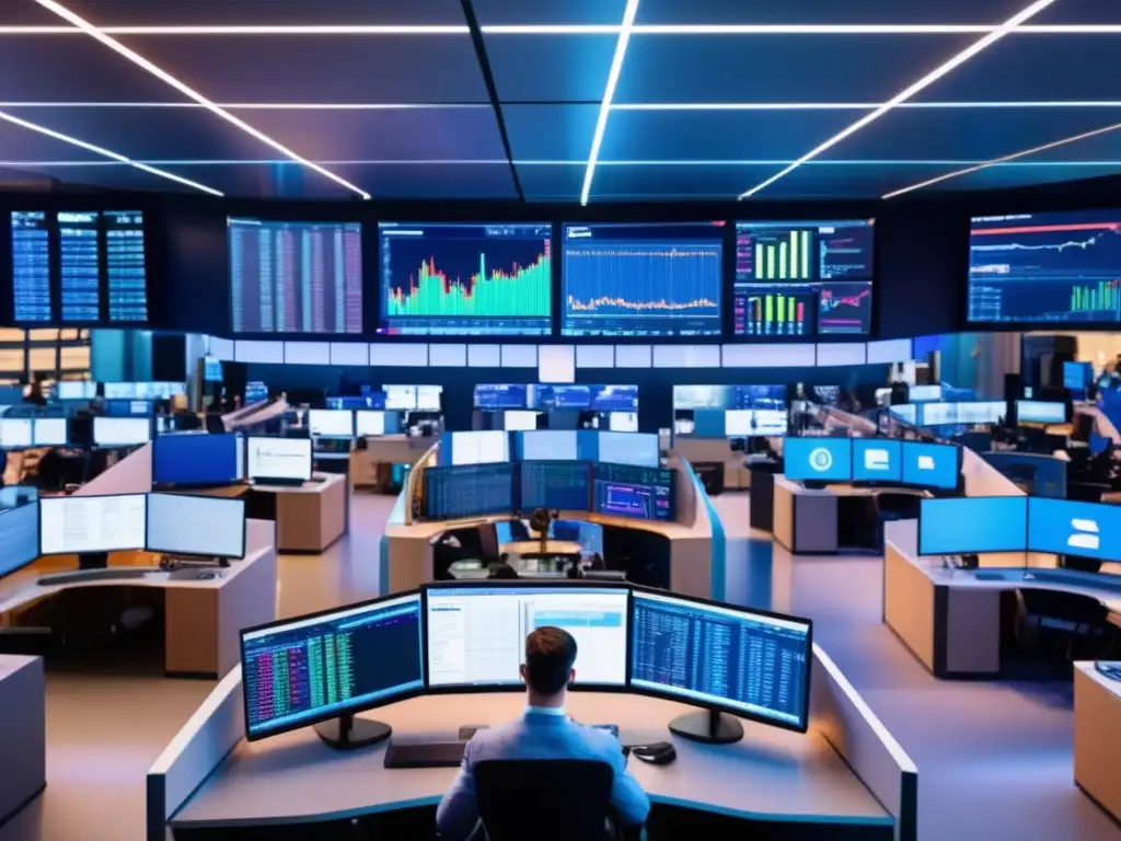 Traders activos en moderna sala de trading Traders en trading criptomonedas en Gemini y Coinbase Pro, con gráficos y monitores