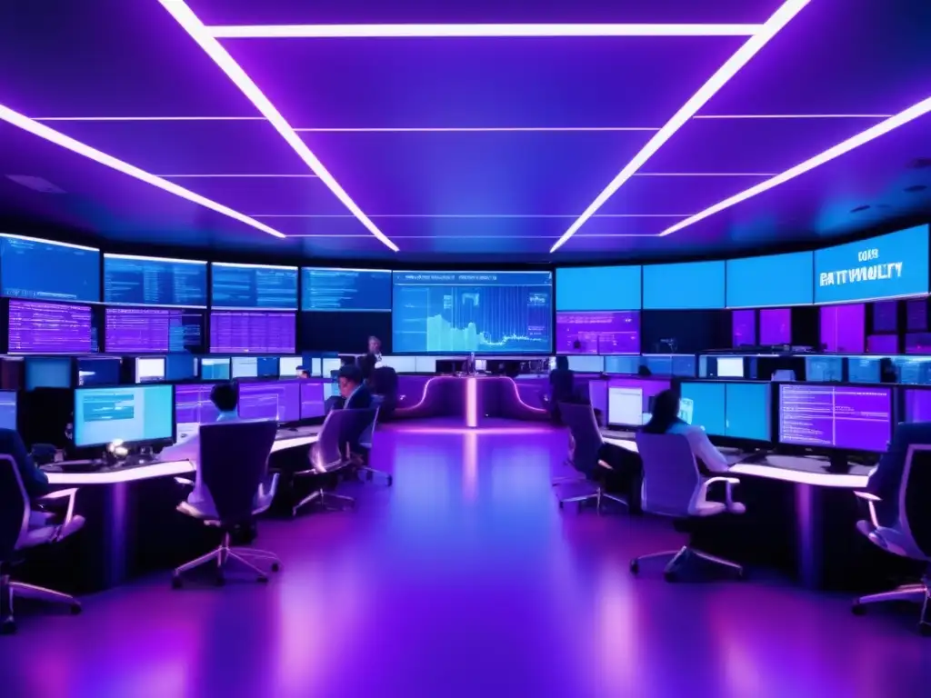 Piso de operaciones futurista lleno de traders y tecnología avanzada Traders en trading floor futurista, monitores y herramientas análisis volatilidad mercado