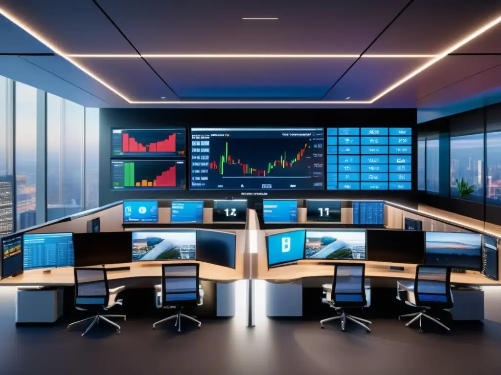 Trading floor de alta tecnología Traders en trading floor con tecnología avanzada y estrategias de inversión activa