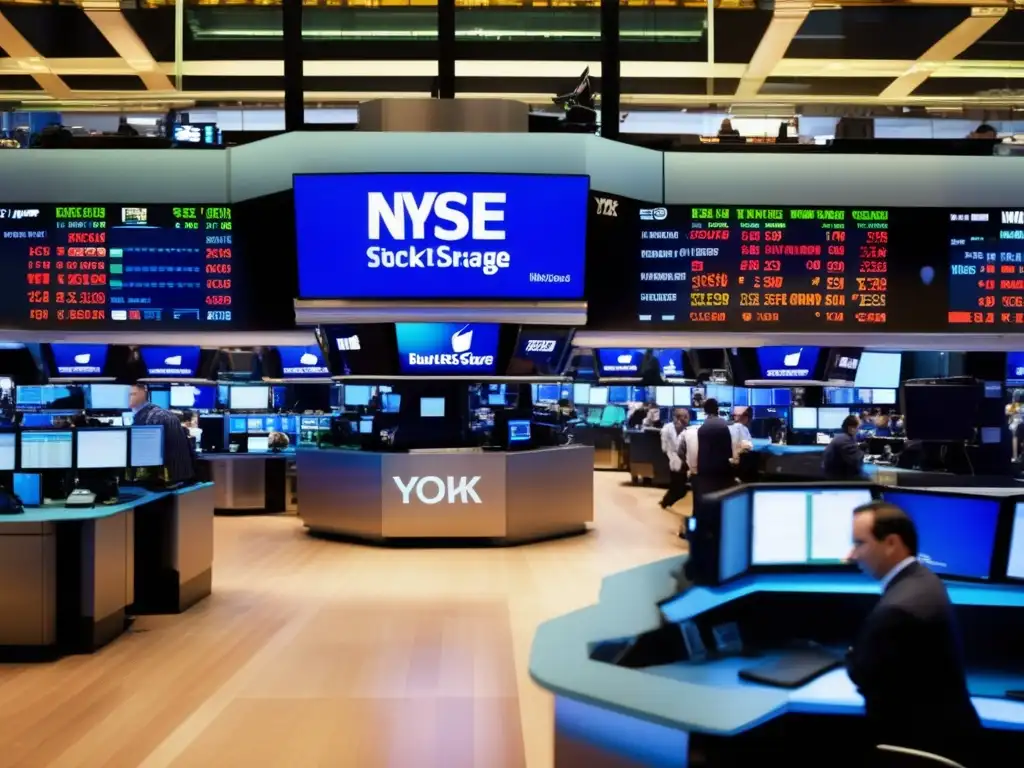 Trading floor vibrante en NYSE Traders en NYSE, vibrante y moderno, muestra diferencias NASDAQ vs NYSE para maximizar inversiones