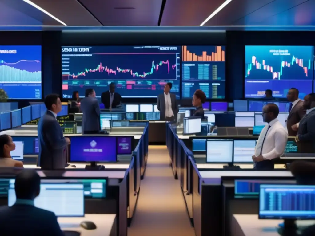 Diversidad cultural en el mercado bursátil Tradiciones culturales en la bolsa: grupo diverso en trading floor con pantallas y discusiones