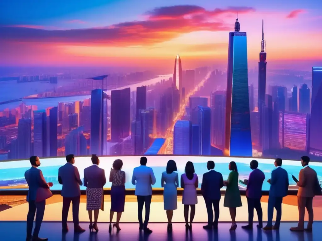 Ciudad moderna al atardecer: cultura y finanzas Tradiciones culturales en la bolsa: Ciudad moderna al atardecer, rascacielos de vidrio reflejando colores vibrantes del sol
