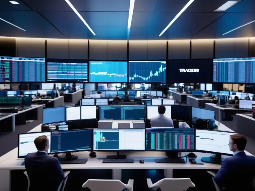 Traders en piso bursátil moderno Trading algorítmico en bolsa: moderna sala de operaciones con monitores, traders y algoritmos, reflejando energía y precisión