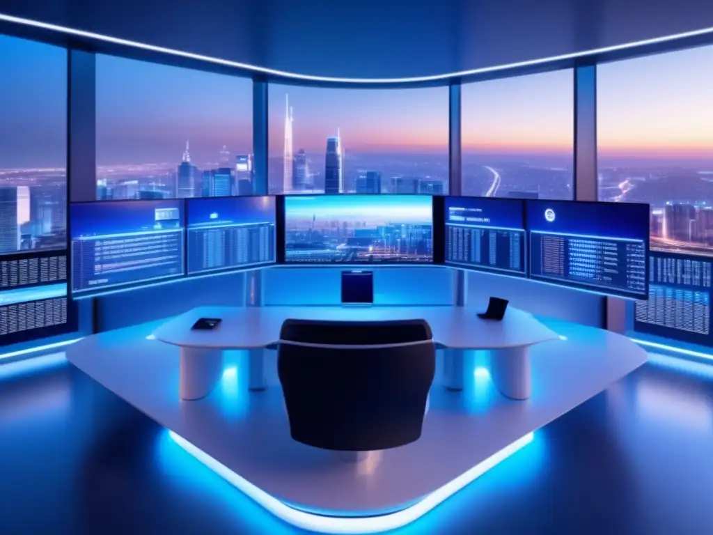 Trading room futurista con tecnología avanzada Trading algorítmico en bolsa: sala futurista de trading 8K con gráficos en tiempo real, skyline nocturno y operador listo para ejecutar