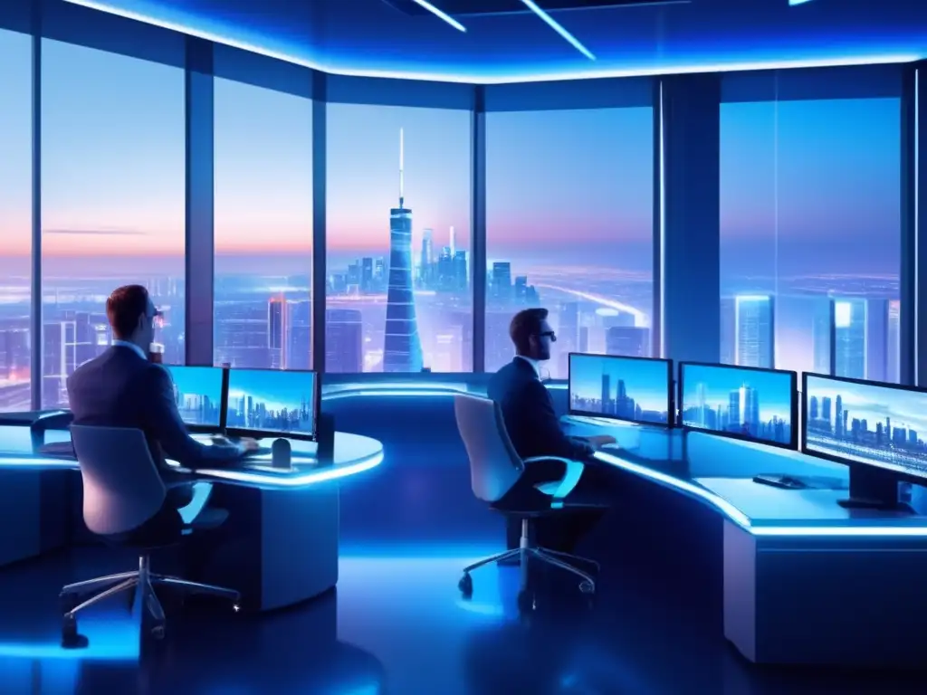 Trading floor futurista con traders y pantallas Trading algorítmico: Gestión de capital en un entorno moderno y sofisticado