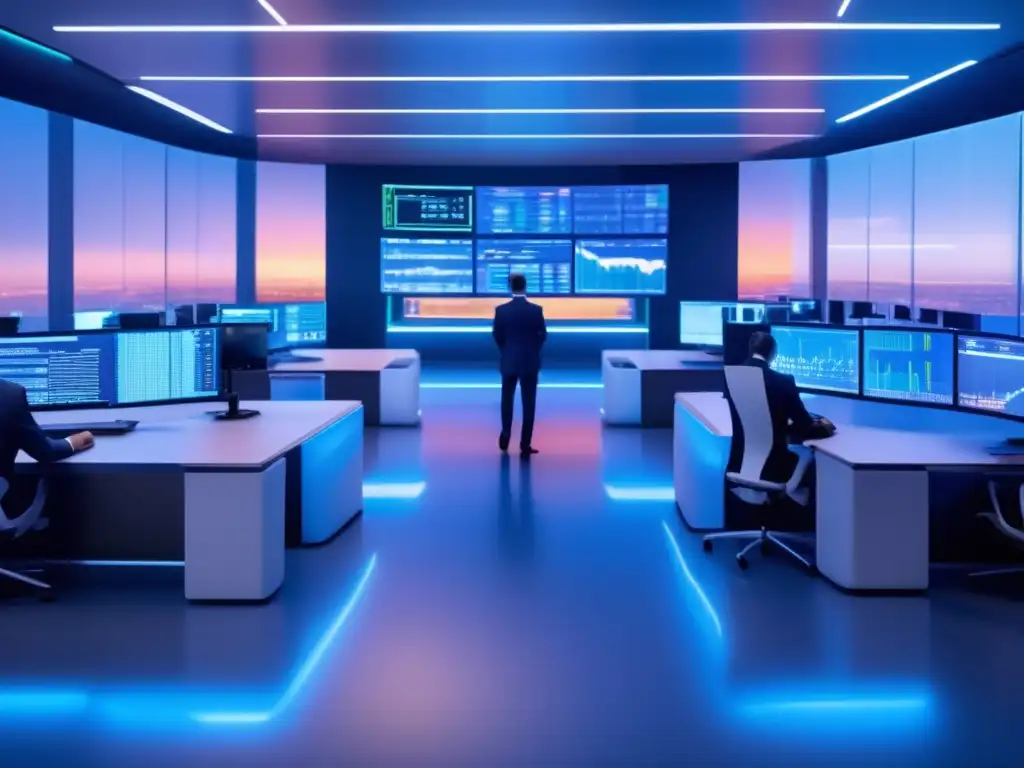 Futuro trading floor 8K: seguridad y alta tecnología Trading algorítmico: Ciberseguridad y tecnología futurista