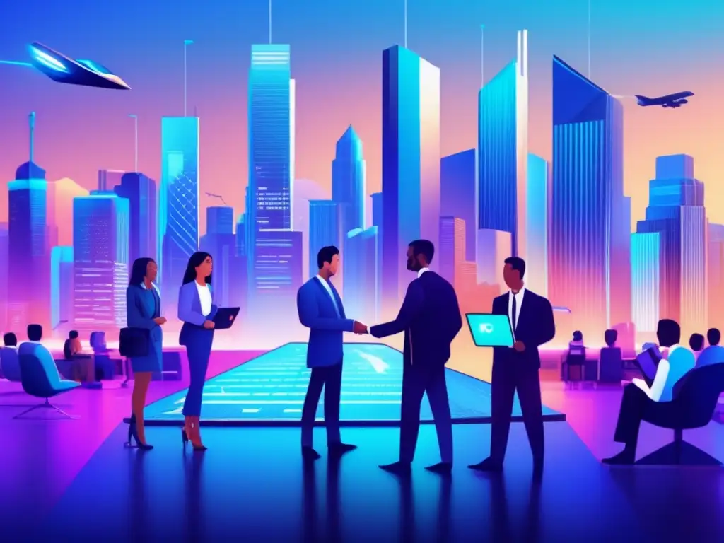 Democratización financiera con trading algorítmico Trading algorítmico democratizando finanzas en una ciudad futurista con tecnología avanzada y personas realizando transacciones financieras
