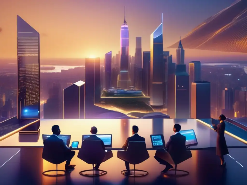 Futurista ciudad dorada con trading algorítmico Trading algorítmico democratizando finanzas en una ciudad futurista con naturaleza