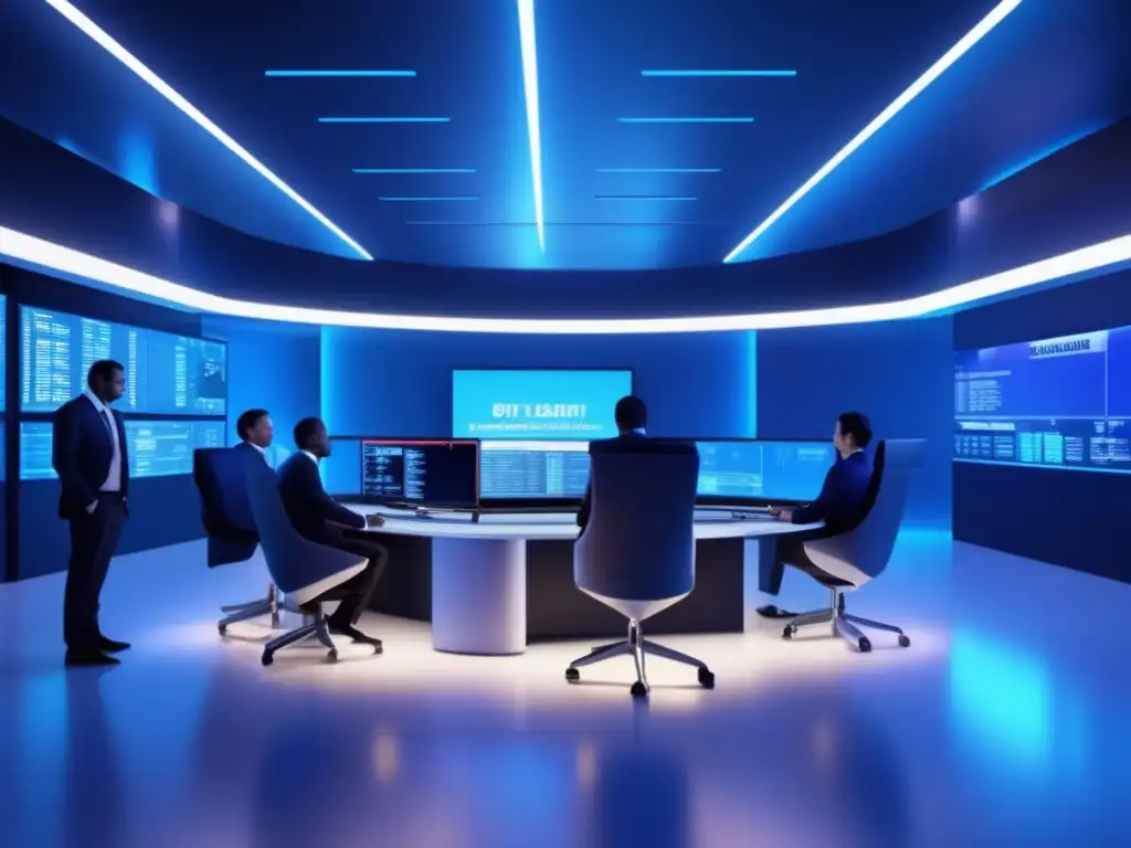 Futuro trading floor sofisticado Trading algorítmico democratizando finanzas en un futurista piso de trading con tecnología avanzada y colaboración diversa