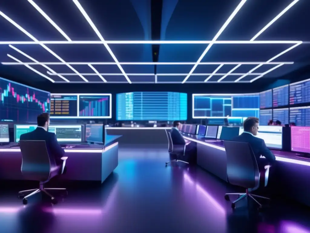 Sala de trading futurista con tecnología de vanguardia Trading algorítmico: futurista sala de operaciones 8K con monitores de alta tecnología y traders enfocados